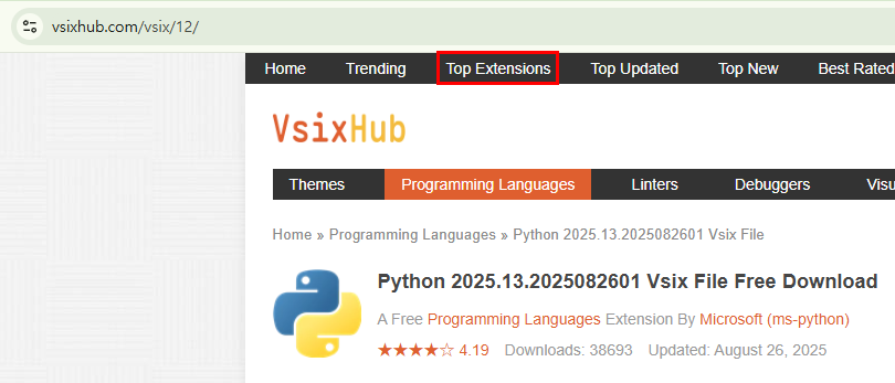 VSIX Top Extensions 메뉴