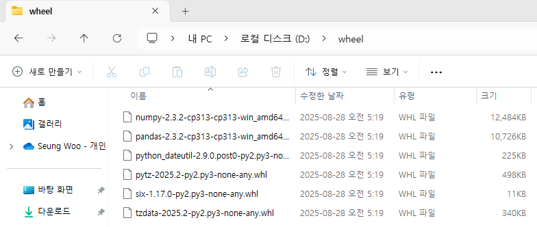 pandas 관련 다운로드된 wheel 파일